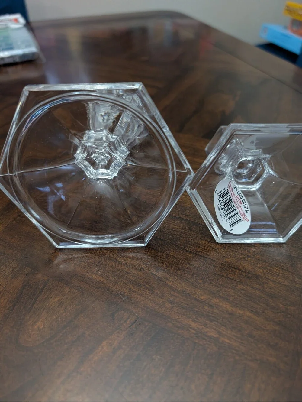 Set of 2 Hexagon Base 24% Lead Crystal Taper Candlesticks Made in U.S.A.